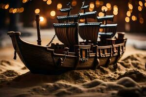 a model ship is sitting on the sand. AI-Generated photo