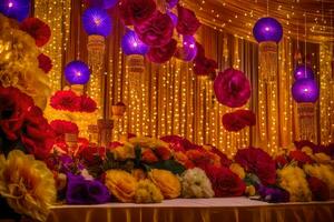 a wedding reception with colorful flowers and lights. AI-Generated photo