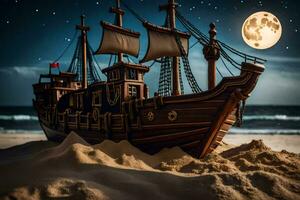 a pirate ship is on the beach at night. AI-Generated photo