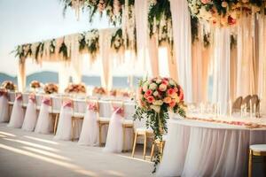 a wedding reception with white and pink flowers. AI-Generated photo