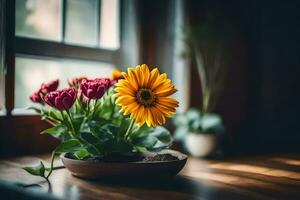 a flower pot with yellow and red flowers on a table. AI-Generated photo
