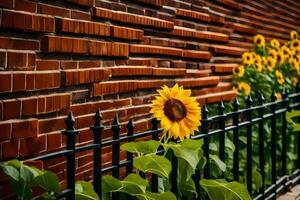 a sunflower is in front of a brick wall. AI-Generated photo
