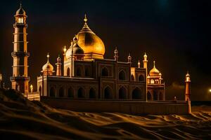 el taj mahal es iluminado arriba a noche. generado por ai foto