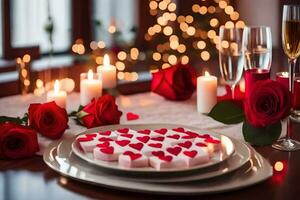 a table with red roses and candles. AI-Generated photo