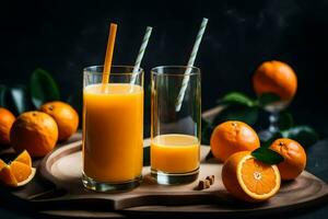 two glasses of orange juice with straws on a wooden tray. AI-Generated photo