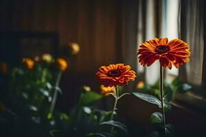 orange flowers in front of a window. AI-Generated photo