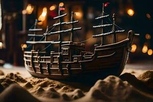 a model of a pirate ship in the sand. AI-Generated photo