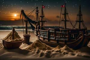 a model of a pirate ship on the beach. AI-Generated photo