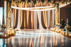 a wedding aisle with candles and flowers. AI-Generated photo