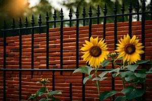 sunflowers in front of a brick fence. AI-Generated photo