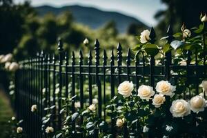 white roses are growing on a fence. AI-Generated photo