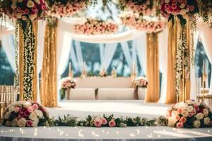 wedding ceremony in a garden with flowers. AI-Generated photo