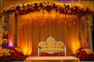 a stage decorated with yellow and orange flowers. AI-Generated photo