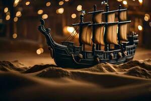 a model ship in the sand with lights. AI-Generated photo