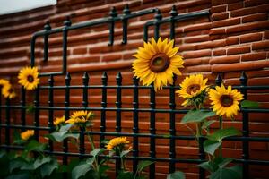sunflowers on a fence. AI-Generated photo