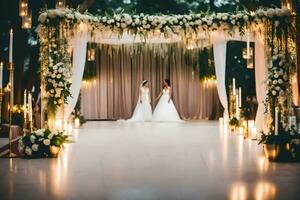 dos mujer en Boda vestidos en pie debajo un floral arco. generado por ai foto