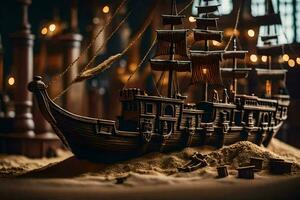 a model of a pirate ship in a dark room. AI-Generated photo