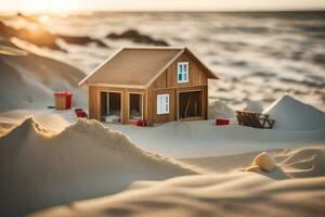 a miniature house on the beach with sand. AI-Generated photo