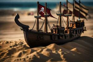 a pirate ship is on the sand in the ocean. AI-Generated photo