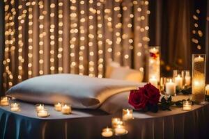 a wedding bed with candles and a rose. AI-Generated photo