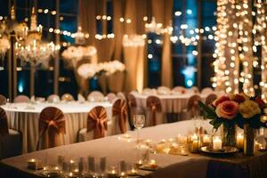 a wedding reception with candles and lights. AI-Generated photo