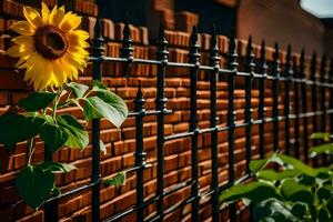 a sunflower is growing through a fence. AI-Generated photo