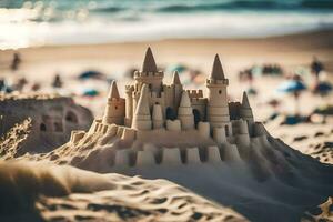 un arena castillo en el playa con personas en el antecedentes. generado por ai foto