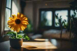 a yellow sunflower in a vase on a table. AI-Generated photo