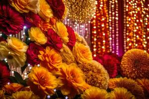 un grande arreglo de flores en frente de un pared de luces. generado por ai foto