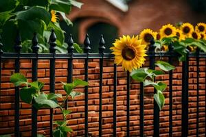 a fence with sunflowers and a brick wall. AI-Generated photo