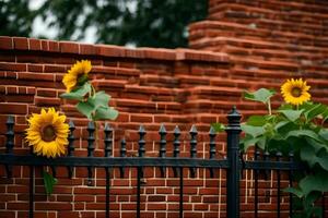 sunflowers are growing on a fence near a brick wall. AI-Generated photo