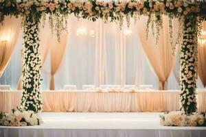 a wedding ceremony with flowers and drapes. AI-Generated photo