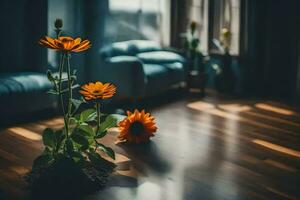 orange flowers in a room with blue walls. AI-Generated photo