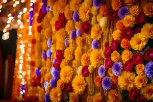 a wall covered with colorful flowers and lights. AI-Generated photo