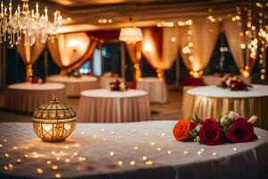 un Boda recepción con un mesa cubierto en blanco ropa de cama y rojo rosas. generado por ai foto