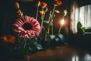 flores en un florero en un mesa. generado por ai foto