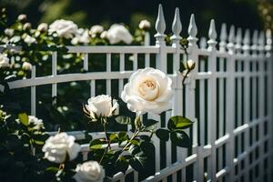 white roses are growing in front of a white fence. AI-Generated photo