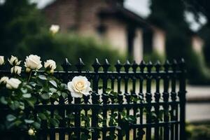 white roses on a black fence. AI-Generated photo