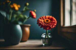 a vase with a single orange flower sitting on a table. AI-Generated photo