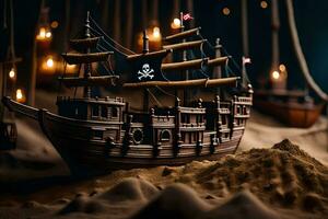 a pirate ship is in the sand with candles. AI-Generated photo