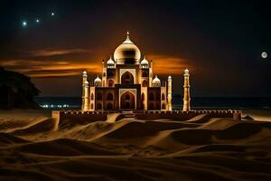 el taj mahal es iluminado arriba a noche en el desierto. generado por ai foto