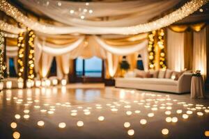 a wedding reception with candles and white drapes. AI-Generated photo