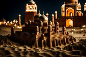 a sand castle in the desert with lights. AI-Generated photo