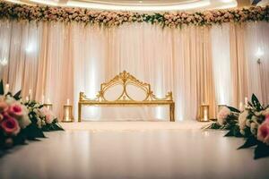 a wedding stage with a gold throne and flowers. AI-Generated photo