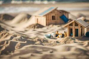 a toy house and beach toys on the sand. AI-Generated photo