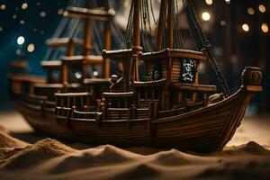 a model of a pirate ship in the sand. AI-Generated photo