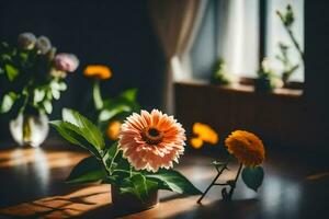 flowers in a vase on a table. AI-Generated photo