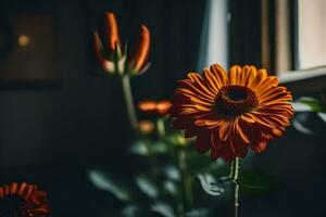 orange flower in front of a window. AI-Generated photo