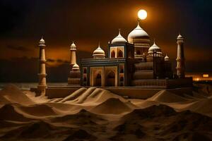 the moon rises over a sand dune with a taj mahal in the background. AI-Generated photo