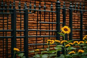 a black iron fence with sunflowers in front of it. AI-Generated photo